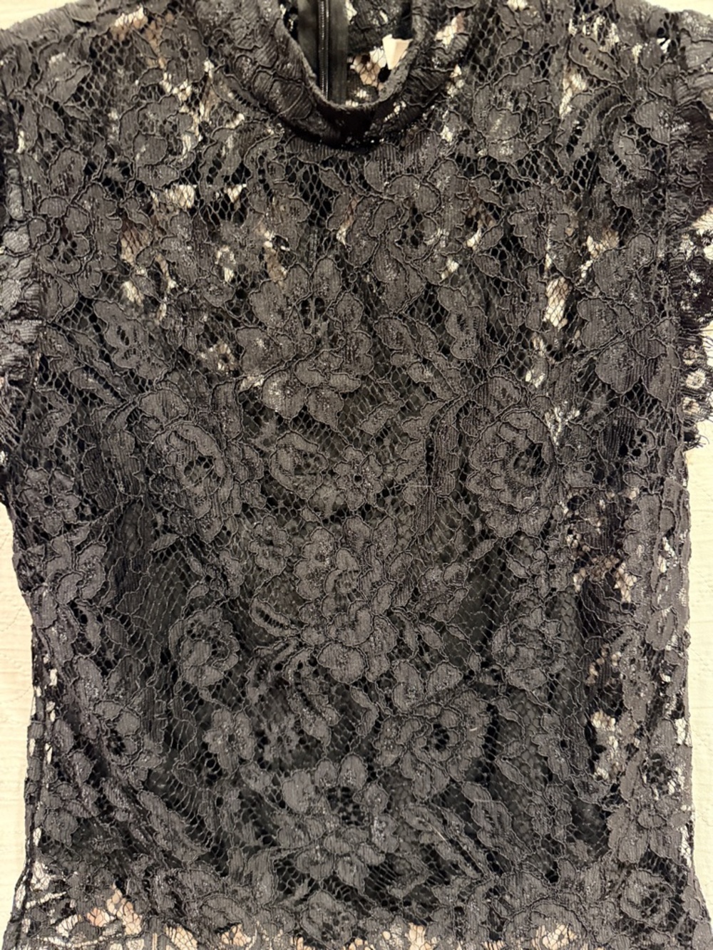 Wayf Black Floral Lace Short Sleeve Mock Neck Top